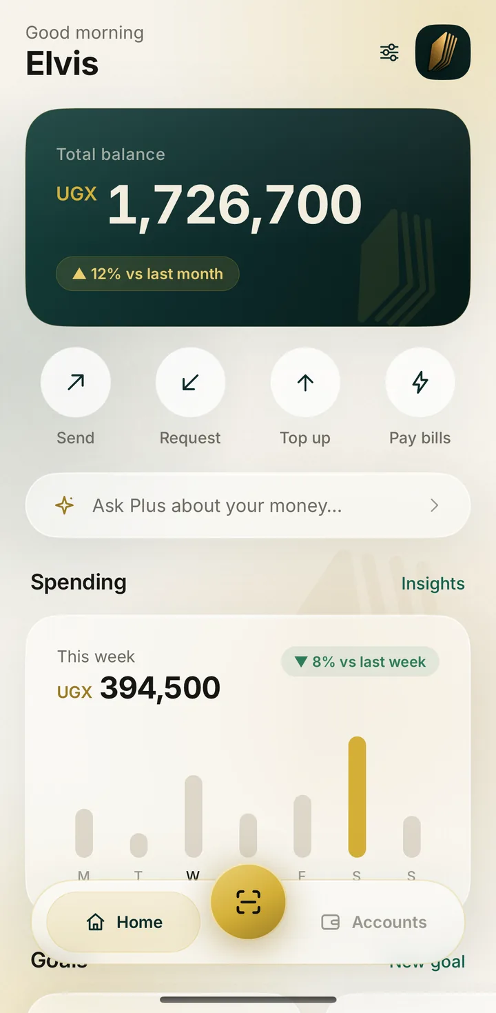The Plus Pay home screen: total balance, quick actions and this week's spending