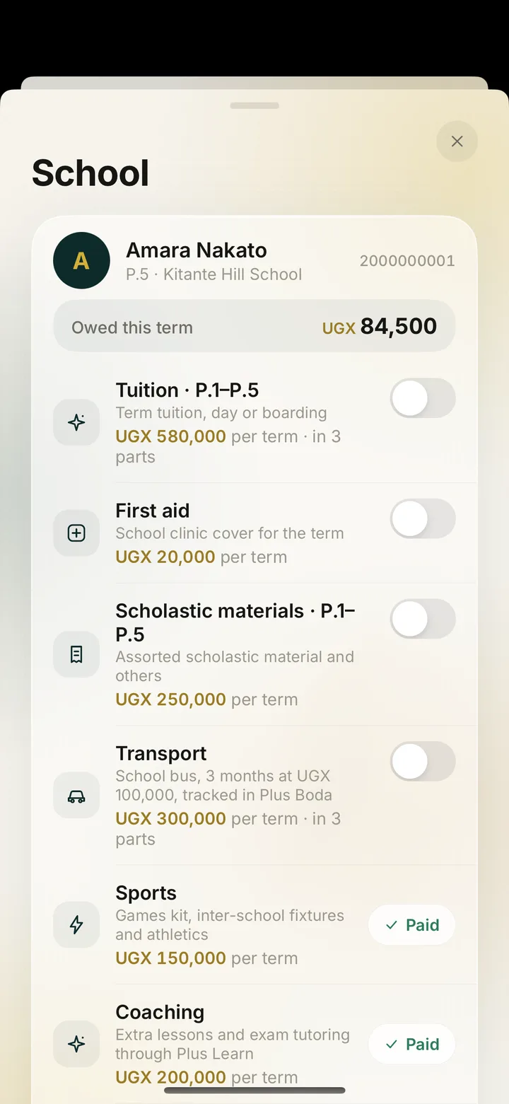 The Plus Pay School screen: a child's fees for the term, what is owed, and which are paid